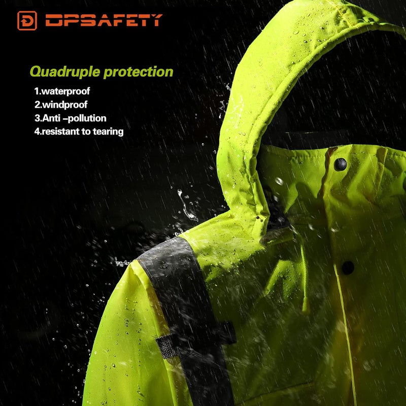 DPSAFETY Safety jacket for men,Reflective high Visibility Hooded jacket,Hi-Vis Bomber Jacket with Pockets and Zipper,Waterproof,Black Bottom,ANSI/ISEA 107-2020 Type R Class 3,Lime - Image 3